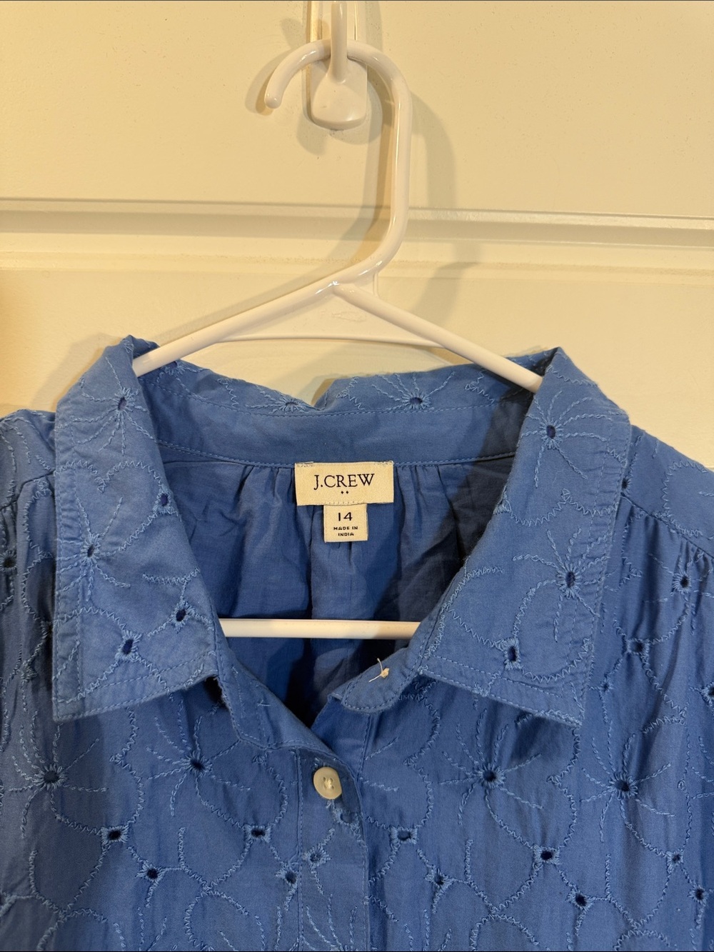 J.Crew Blue Eyelet Button Front Long Sleeve Mini Shirt Dress Size 14 Pockets - Picture 3 of 6